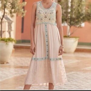 Sleeveless Embroidered Midi Dress in Pale Pink with Light Blue Trim